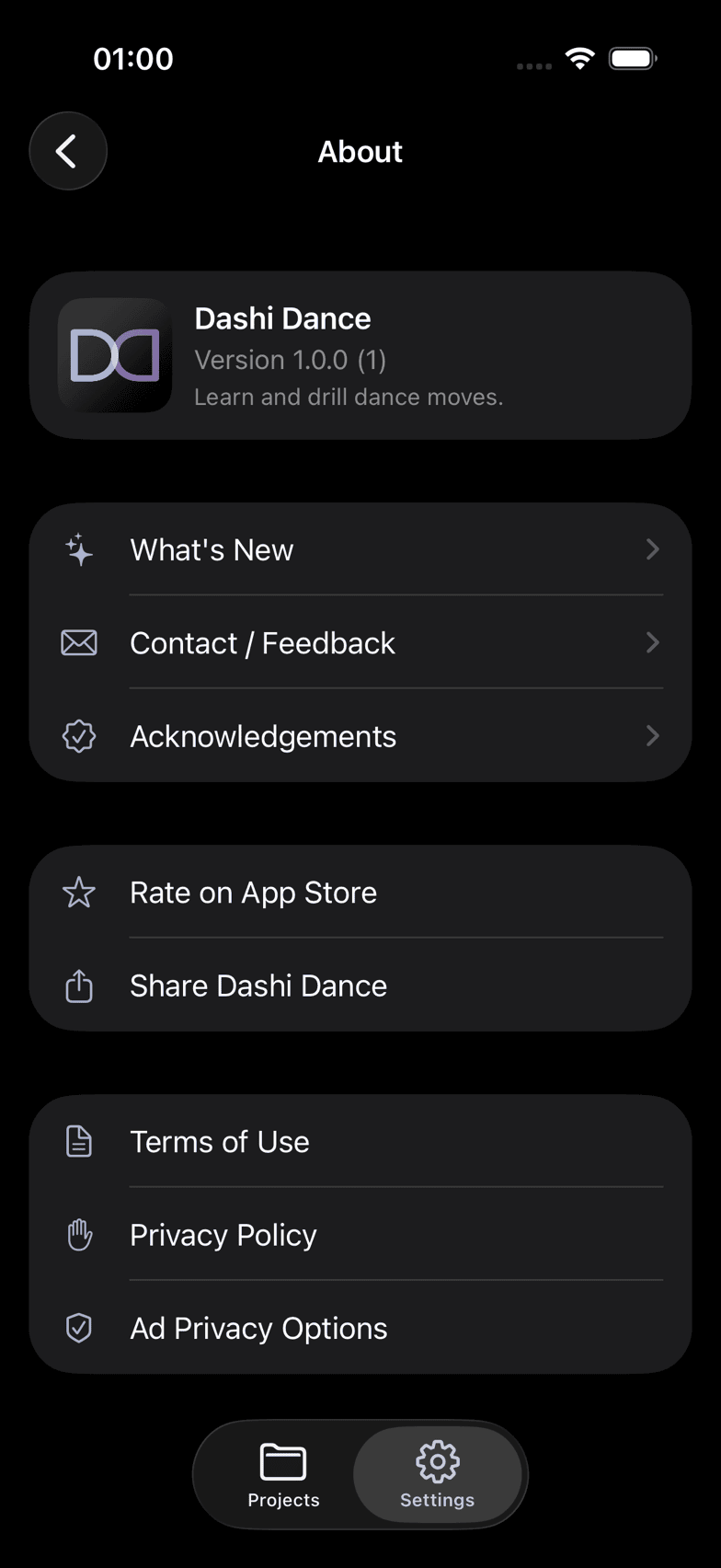 Der Info-Bildschirm — Kontakt / Feedback befindet sich hier