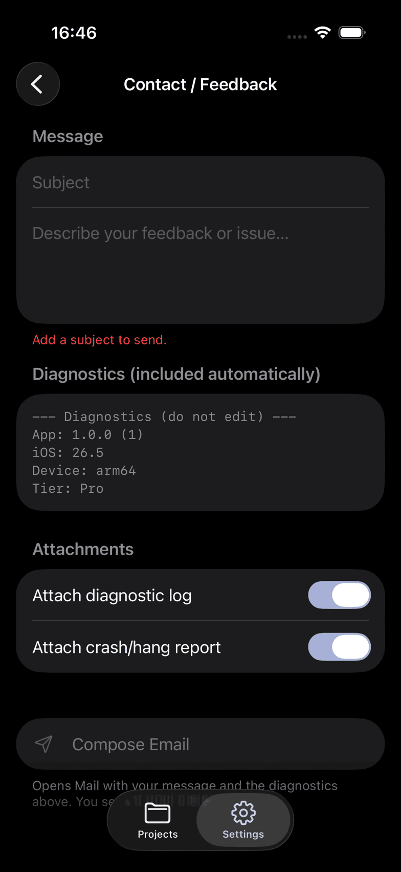 Das Kontakt-/Feedback-Formular, mit automatisch enthaltenen Gerätediagnosedaten
