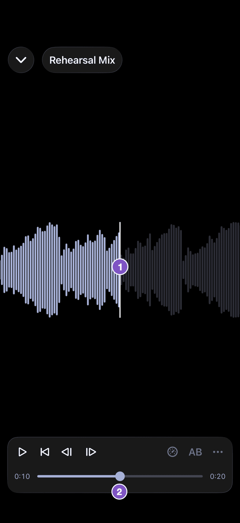 Wiedergabe einer reinen Audioquelle: der Wellenform-Bereich über der Suchleiste