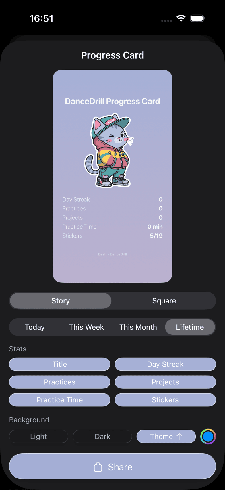 The share-card sheet: stat chips, range and format pickers, and backgrounds