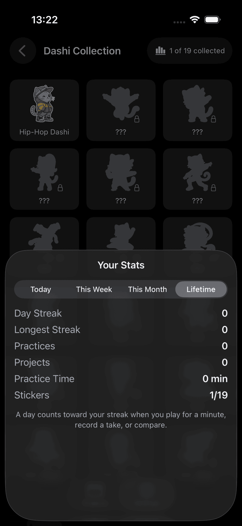 Your Stats: streaks, practices, projects, practice time, and stickers