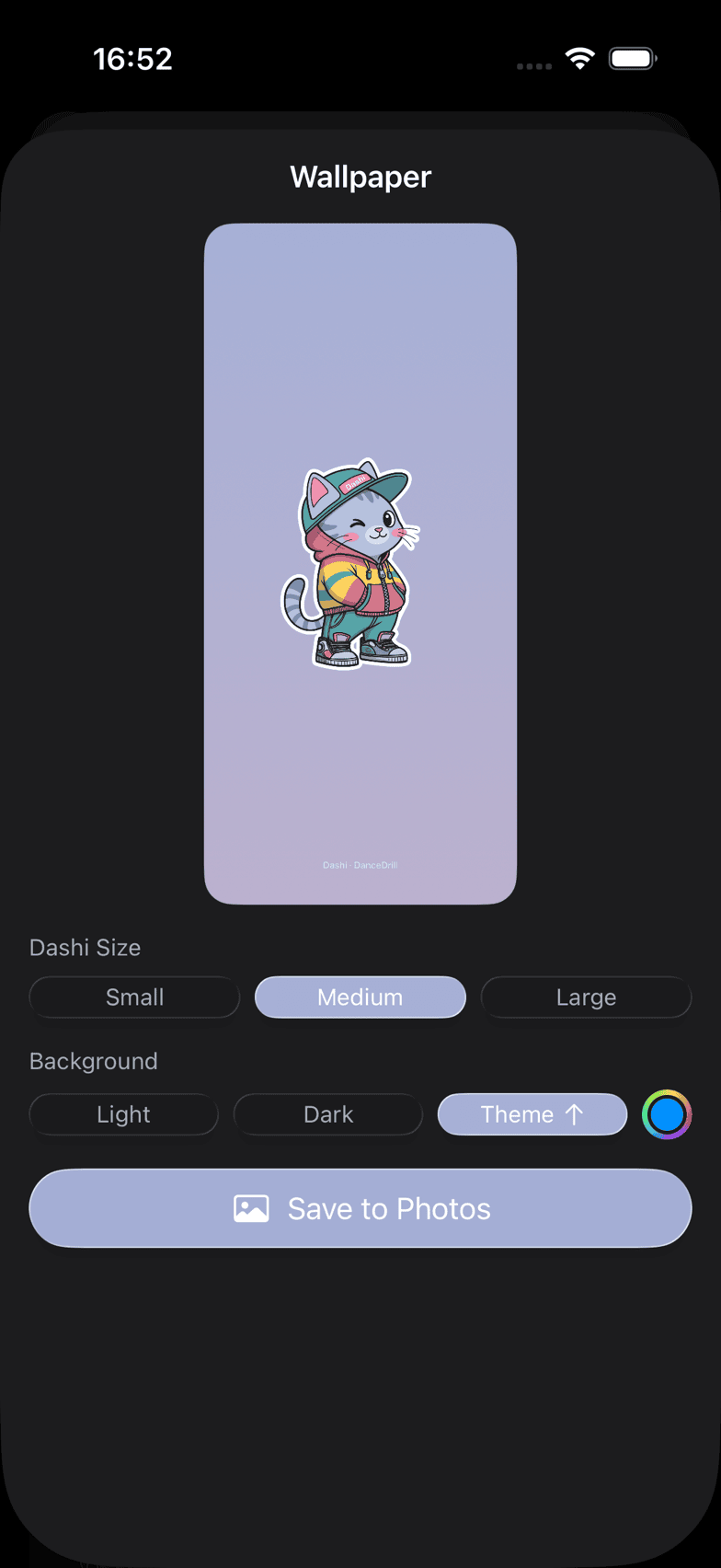 The wallpaper sheet with size and background options